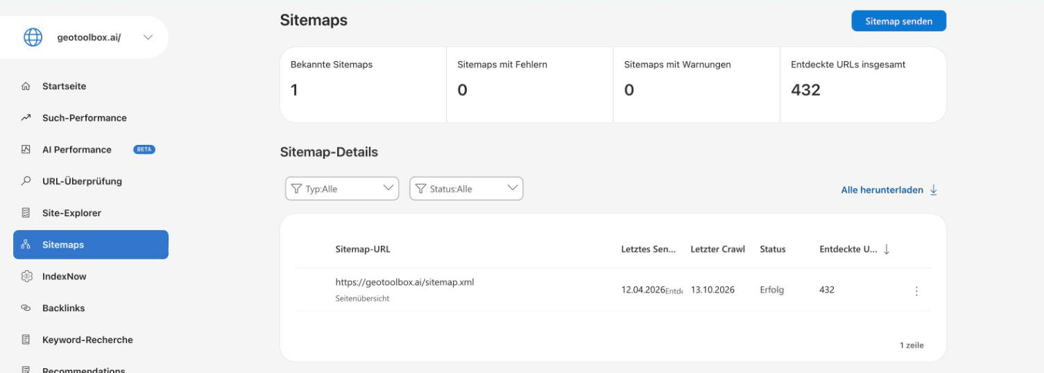 Bericht Sitemaps in den Bing Webmaster Tools für geotoolbox.ai: eine bekannte Sitemap ohne Fehler und Warnungen, 432 entdeckte URLs.