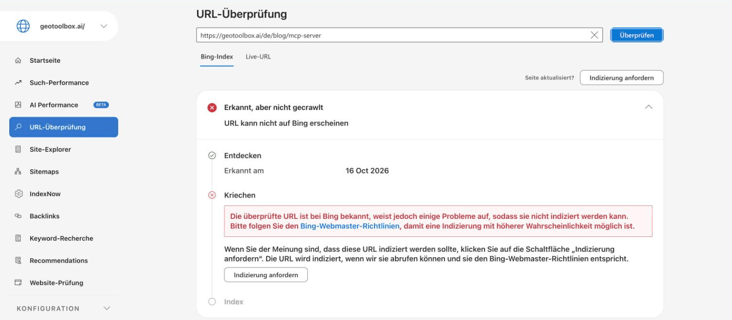 URL-Überprüfung in den Bing Webmaster Tools für eine neue Seite von geotoolbox.ai mit dem Status Erkannt, aber nicht gecrawlt und zwei Schaltflächen Indizierung anfordern.