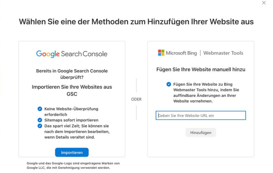 Dialog zum Hinzufügen einer Website in den Bing Webmaster Tools, deutsche Oberfläche: links der Import aus der Google Search Console, rechts die manuelle Eingabe der URL.
