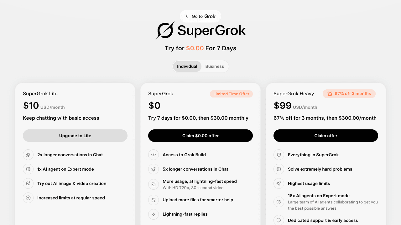 Grok's official plans page showing SuperGrok Lite at $10, SuperGrok with a 7-day free trial then $30, and SuperGrok Heavy at $99 for three months then $300, in June 2026.