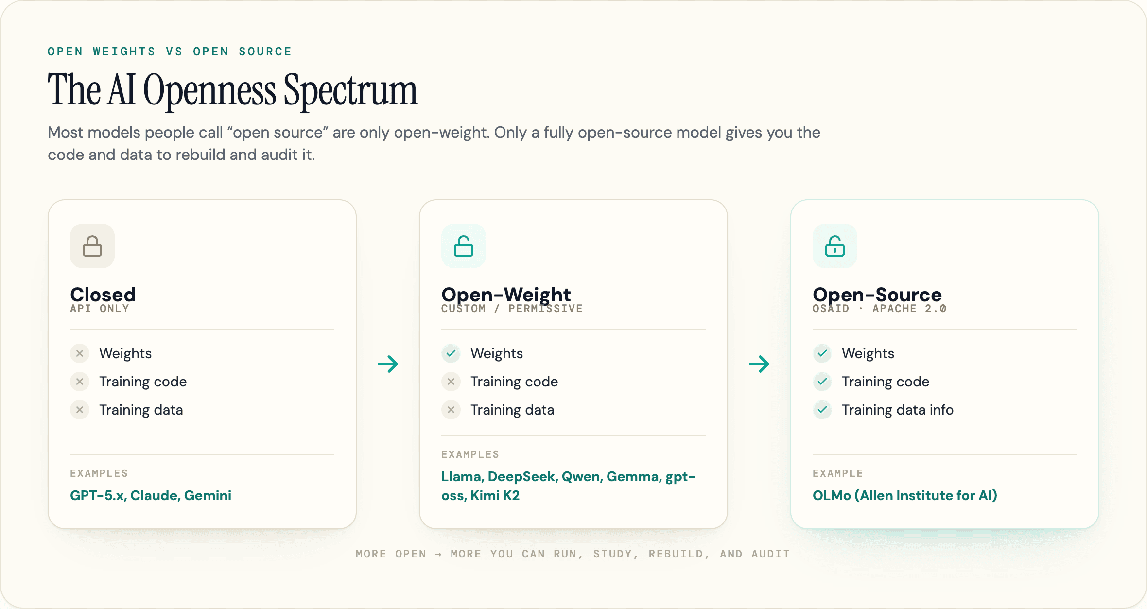 The AI openness spectrum from closed to open-weight to open-source, showing what you get at each tier: closed gives API access only, open-weight adds downloadable weights, open-source adds training code and data information.