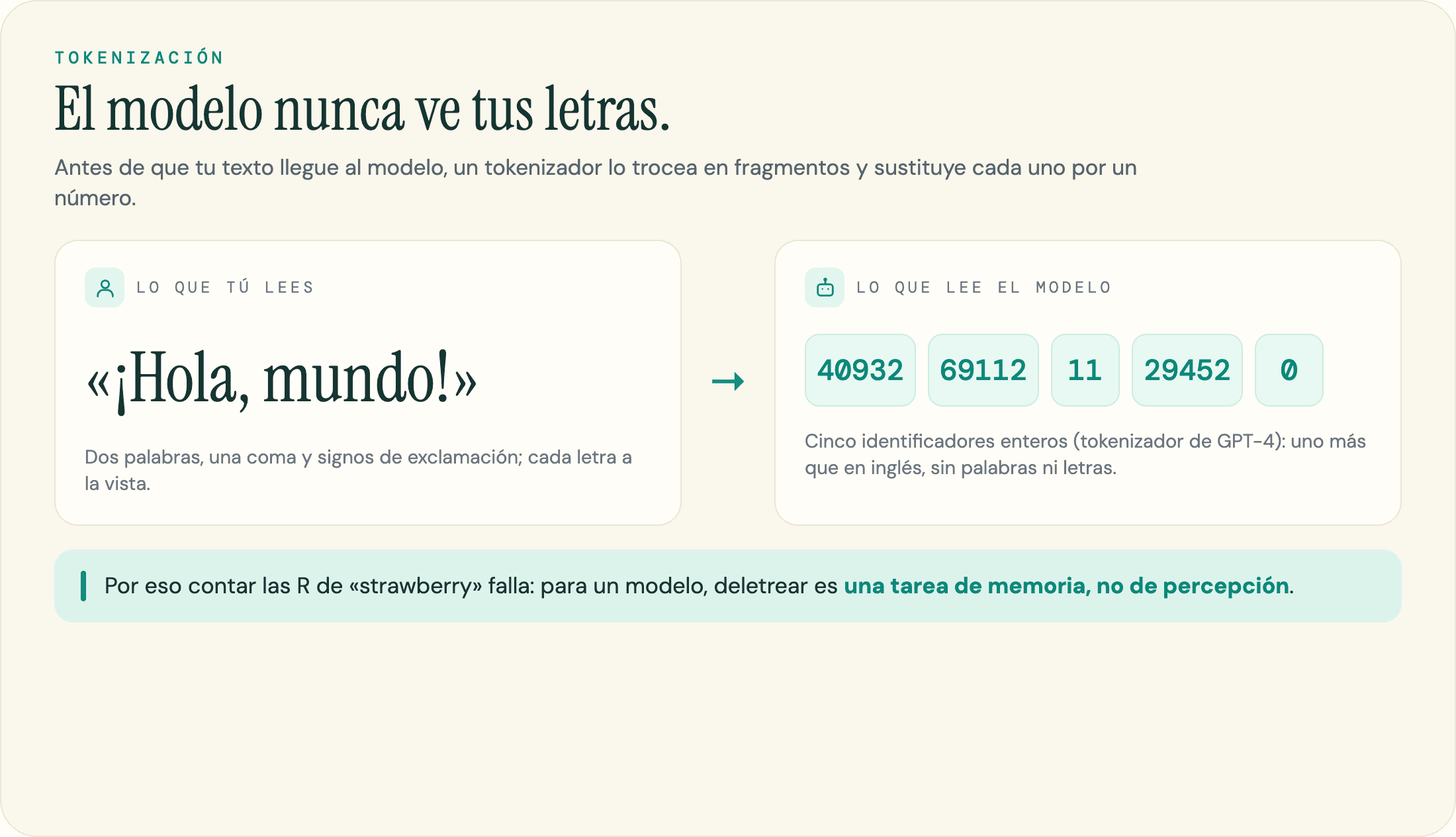 «¡Hola, mundo!» tal como lo ve una persona frente a los cinco identificadores de tokens que recibe el modelo.