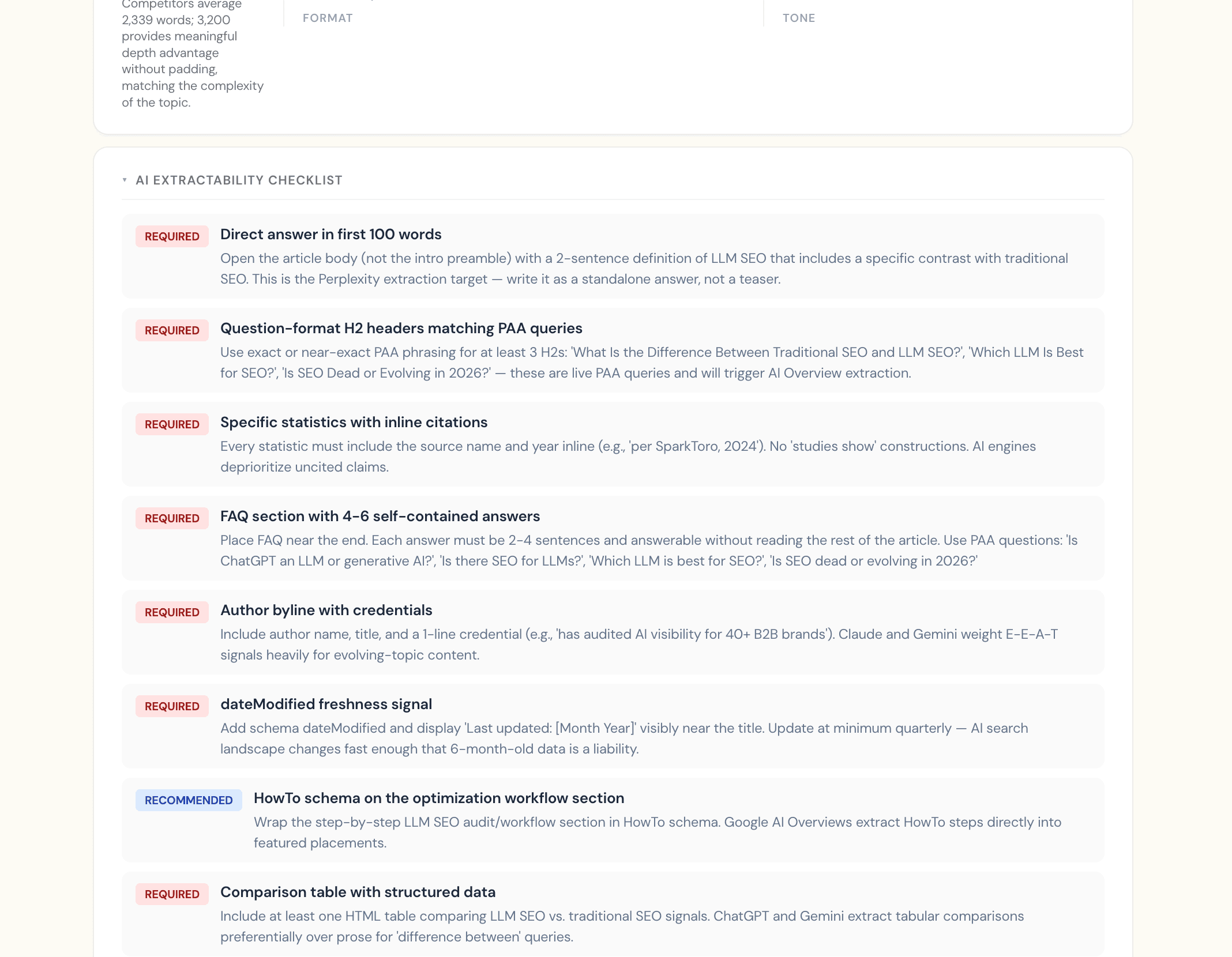 La AI Extractability Checklist de un brief real: elementos OBLIGATORIOS (respuesta directa en las primeras 100 palabras, encabezados H2 en forma de pregunta que coinciden con consultas de PAA, estadísticas concretas con citas en línea, respuestas de FAQ que se entienden solas, firma de autor, señal de actualidad dateModified, tabla comparativa con datos estructurados) y elementos RECOMENDADOS (schema HowTo en la sección del proceso), cada uno con su porqué.