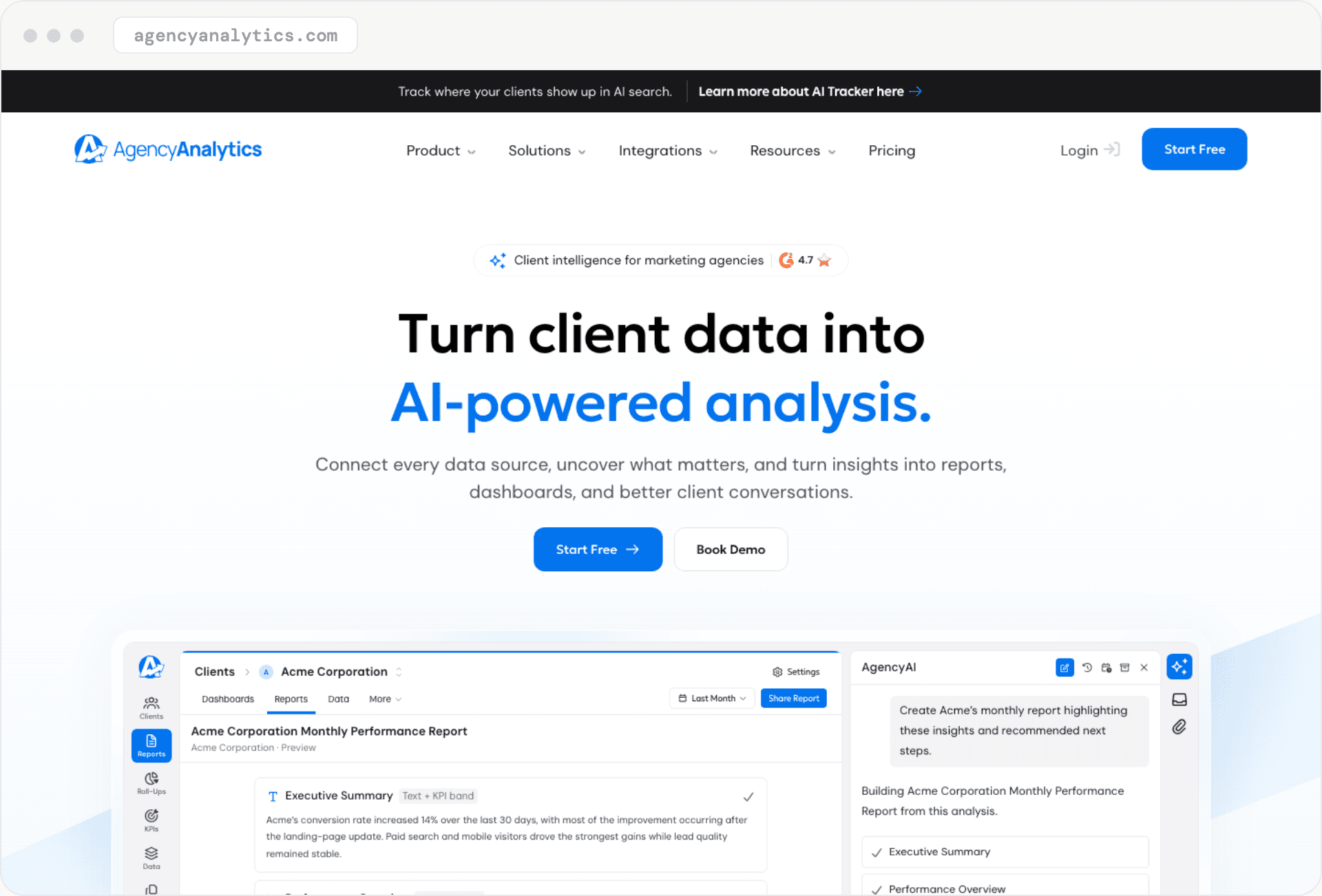 AgencyAnalytics homepage: 'Turn client data into AI-powered analysis,' with a sample monthly client report and an AI assistant panel.