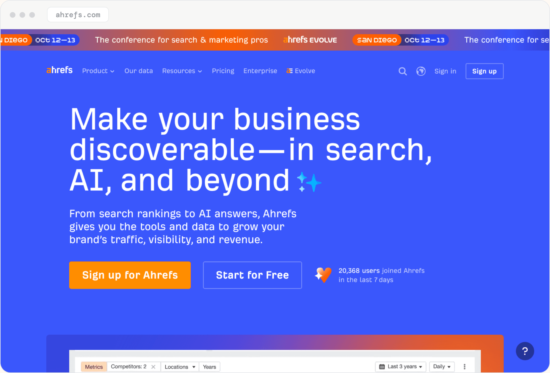 Startseite von Ahrefs: „Make your business discoverable, in search, AI, and beyond“, mit den Buttons „Sign up“ und „Start for Free“.