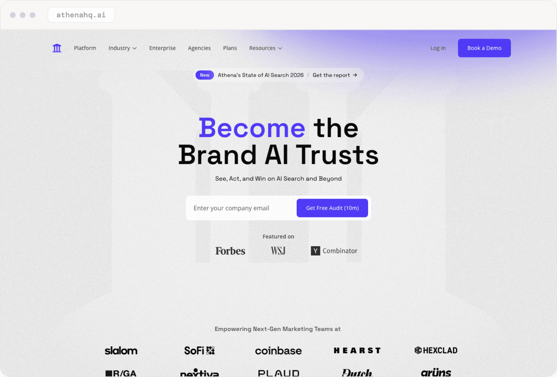 AthenaHQ's homepage: 'Become the Brand AI Trusts,' with a free audit sign-up field.
