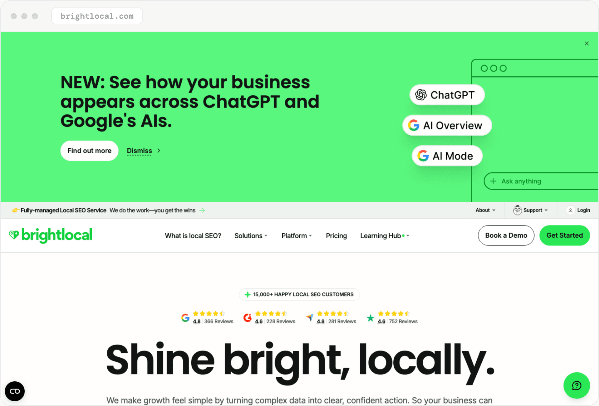 BrightLocal homepage with a banner about seeing how a business appears across ChatGPT and Google's AI Overview and AI Mode, above the headline 'Shine bright, locally.'