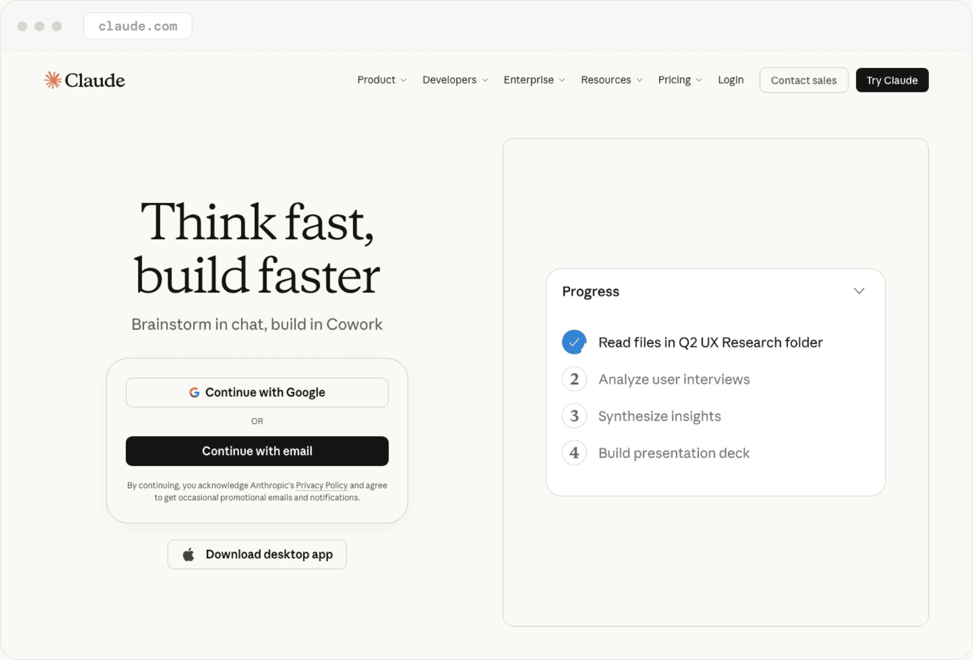 Claude's homepage: 'Think fast, build faster,' with Continue with Google and Continue with email sign-in options.