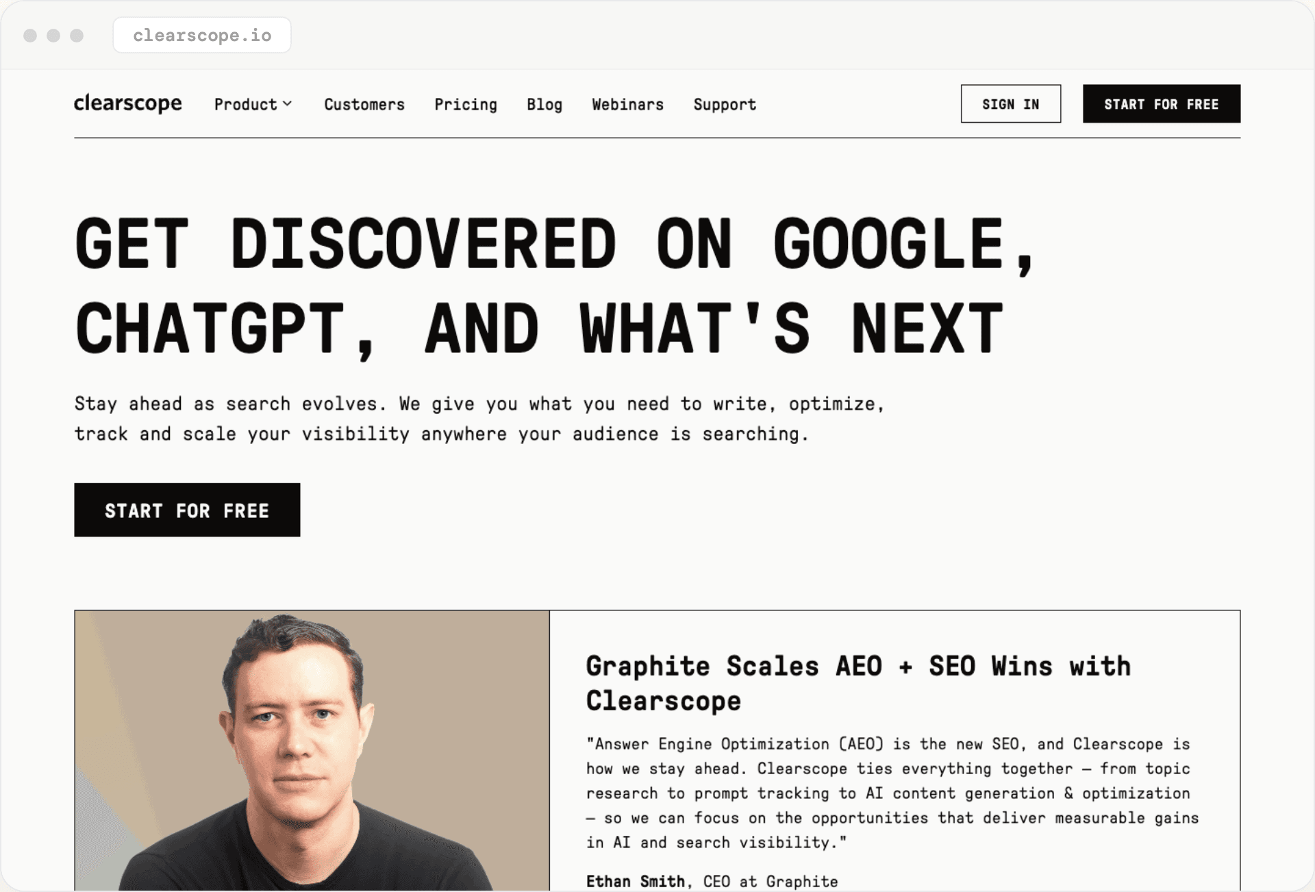Clearscope's homepage: 'Get discovered on Google, ChatGPT, and what's next.'
