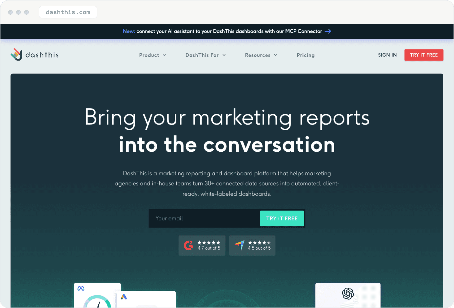 DashThis homepage: 'Bring your marketing reports into the conversation,' describing white-labeled dashboards from 30-plus data sources.