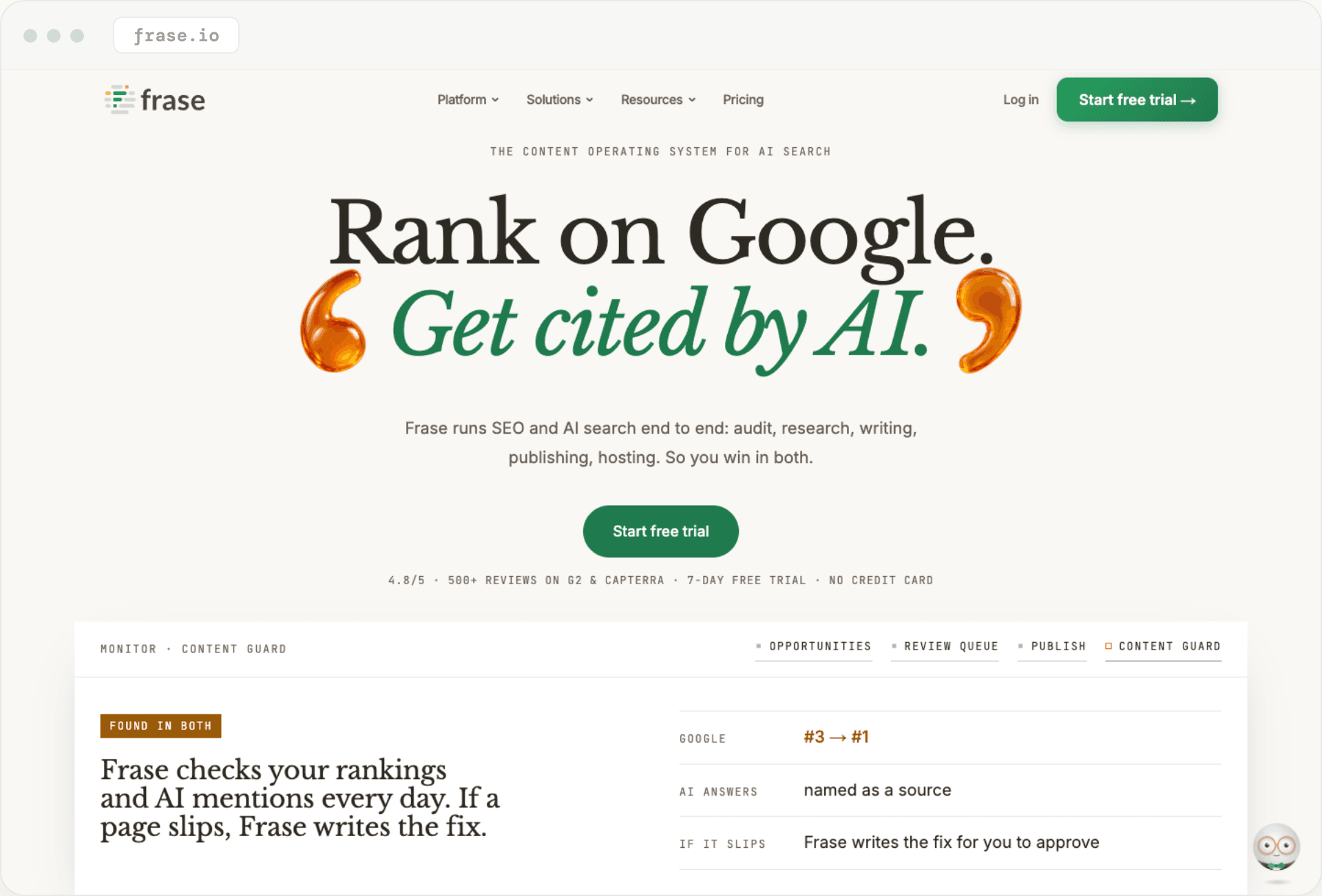 Frase's homepage: 'Rank on Google. Get cited by AI.'
