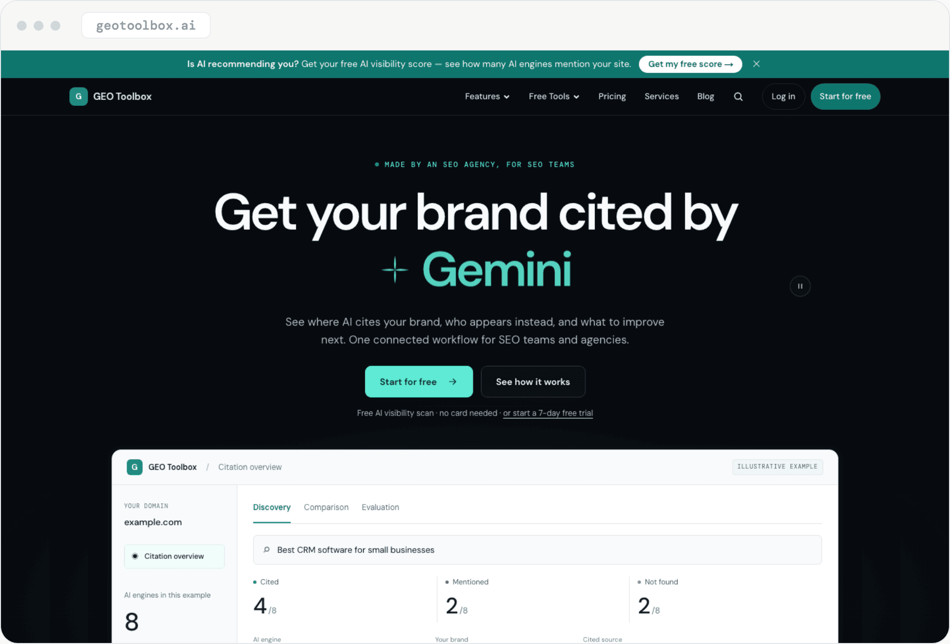 Page d'accueil de geotoolbox : « Get your brand cited by » suivi d'un nom de moteur IA qui défile, au-dessus d'un aperçu des citations.