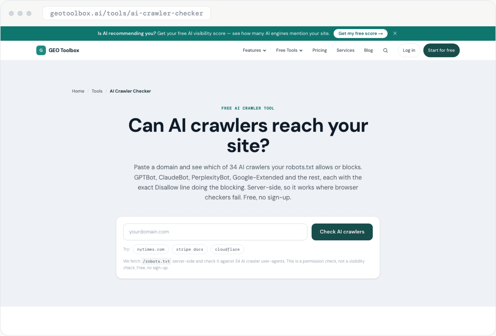 Seite des AI Crawler Checkers von geotoolbox: „Can AI crawlers reach your site?“ über einem Eingabefeld für die Domain.