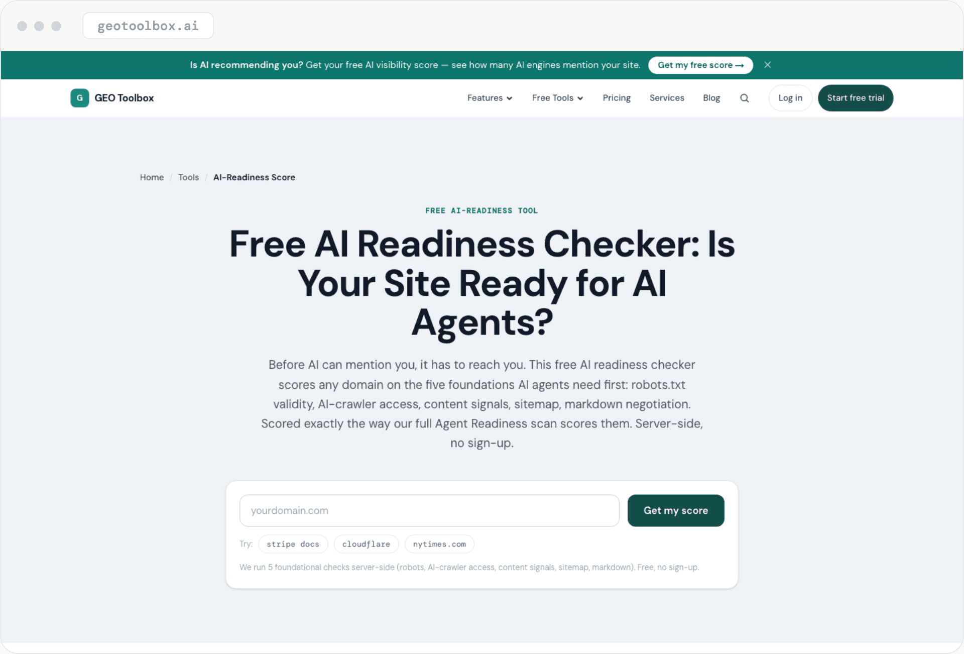 geotoolbox's Free AI Readiness Checker page: 'Is your site ready for AI agents?' with a domain field and a Get my score button.