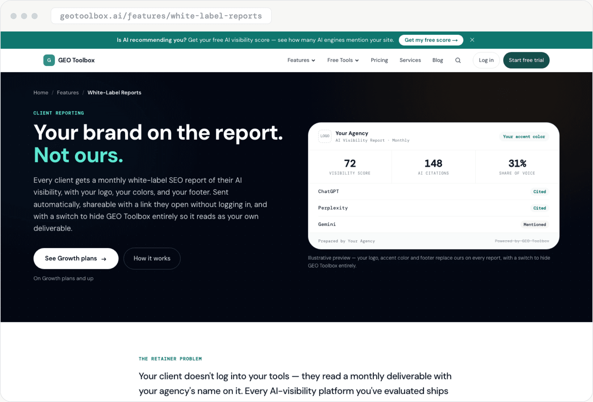 GEO Toolbox's white-label reports page: 'Your brand on the report. Not ours,' with a sample agency report showing a visibility score, AI citations and share of voice.