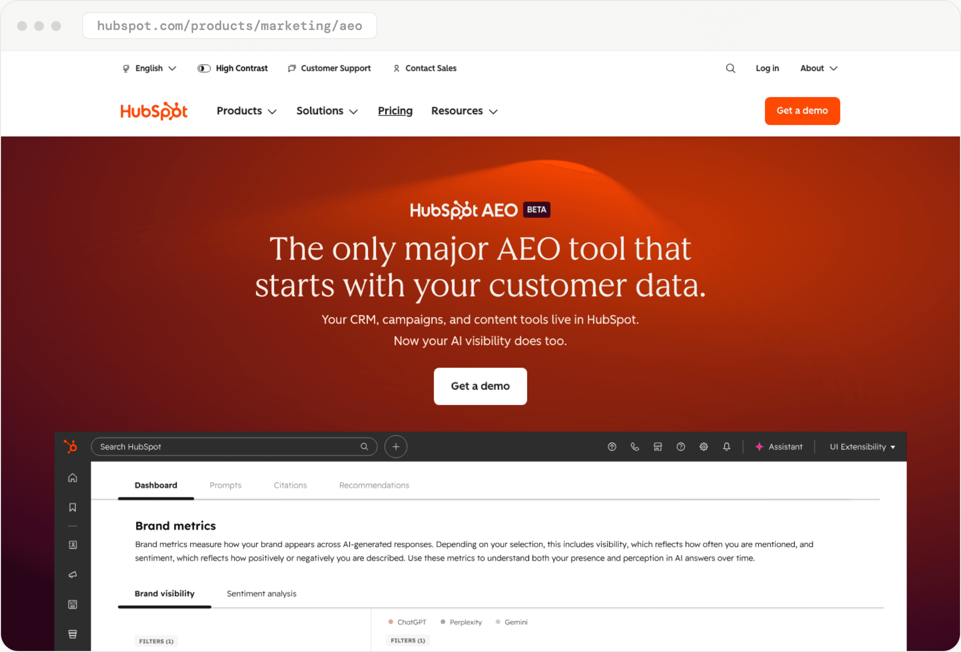 HubSpot AEO's product page, marked Beta: 'The only major AEO tool that starts with your customer data.'