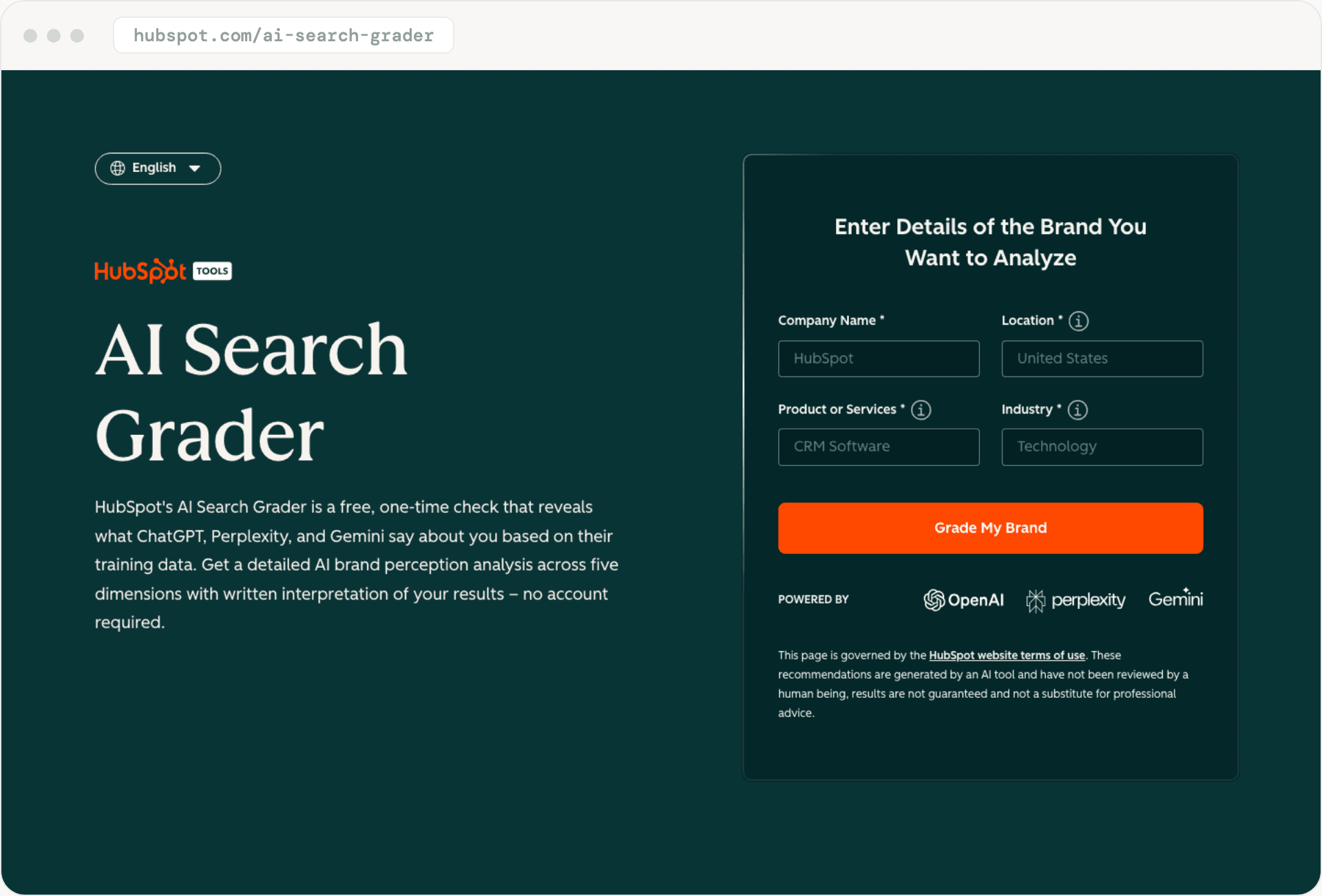 Page AI Search Grader de HubSpot : un diagnostic gratuit et ponctuel sur ChatGPT, Perplexity et Gemini, sans compte requis.