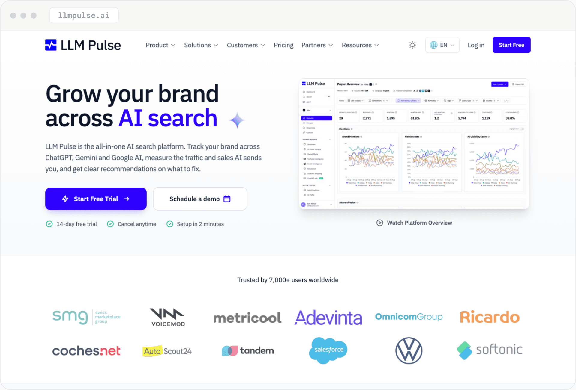 LLM Pulse's homepage: 'Grow your brand across AI search,' beside a dashboard of brand mentions and AI visibility score.
