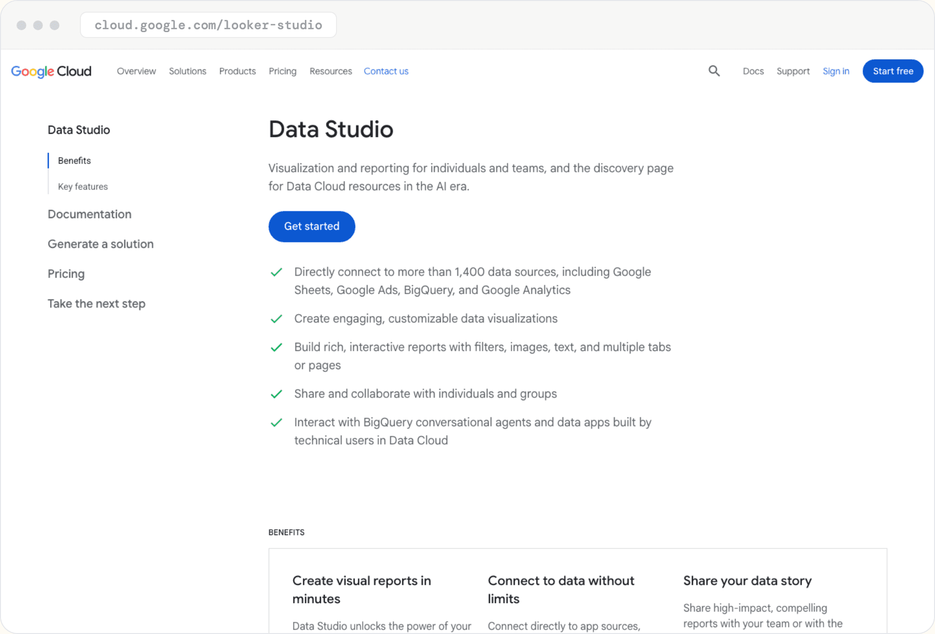 Google Cloud's Data Studio product page: 'Visualization and reporting for individuals and teams,' listing more than 1,400 data sources.