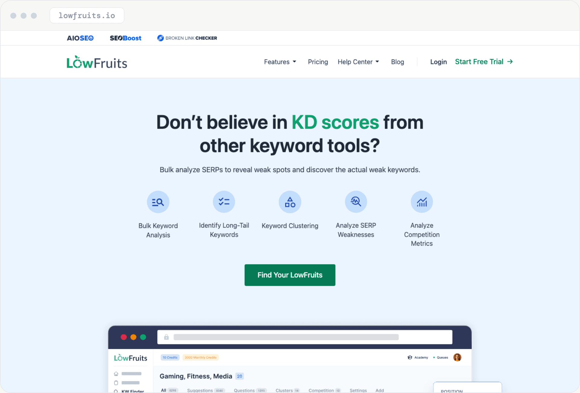 LowFruits' homepage: 'Don't believe in KD scores from other keyword tools?' above five feature icons including Bulk Keyword Analysis.