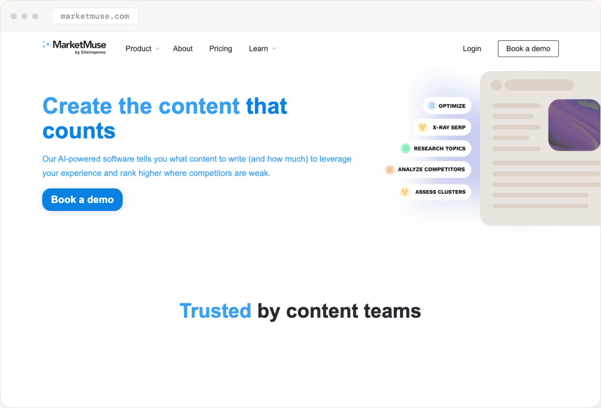 MarketMuse's homepage: 'Create the content that counts,' by Siteimprove.