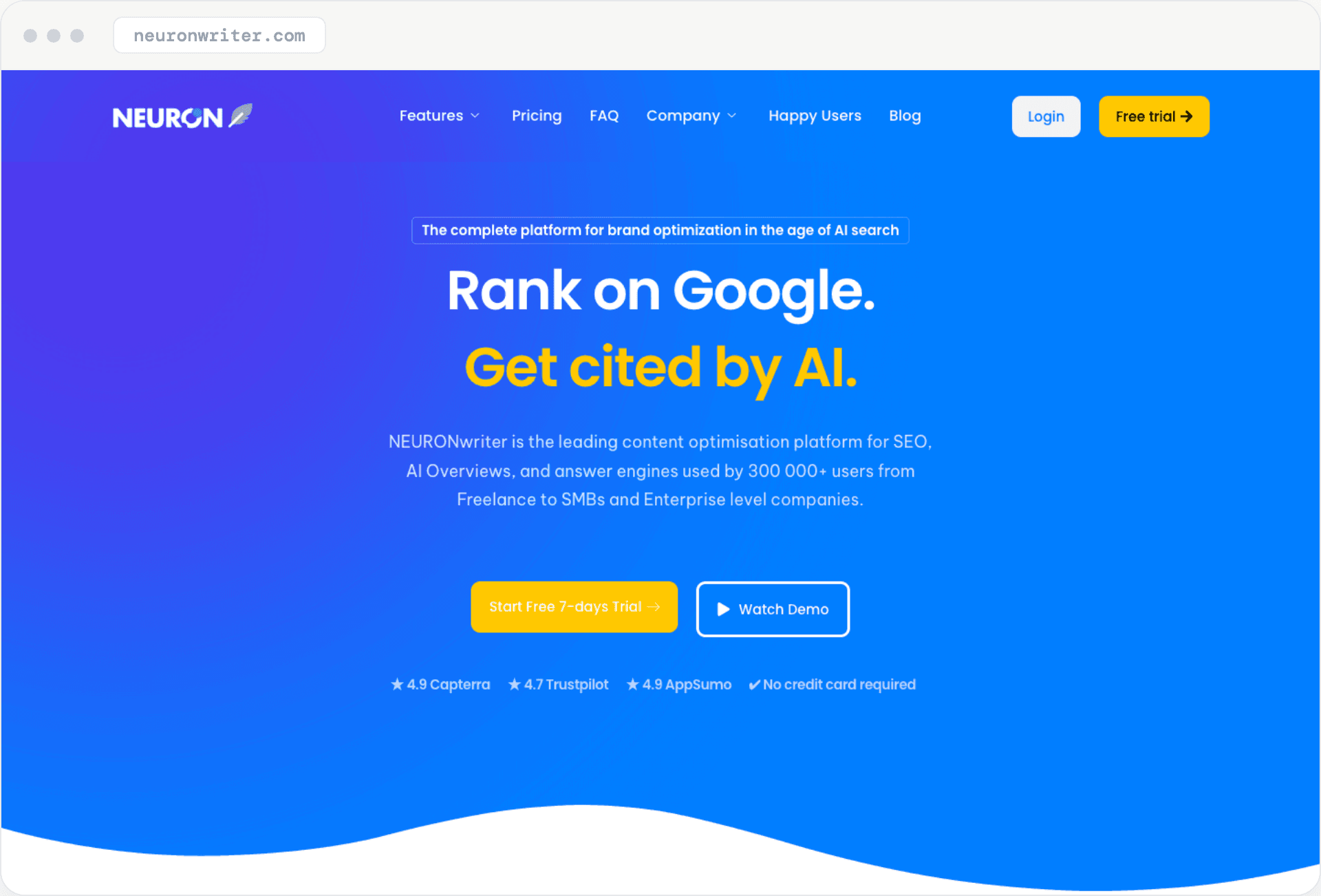 NeuronWriter's blue-gradient homepage, claiming 300,000+ users and the tagline 'Rank on Google. Get cited by AI.'