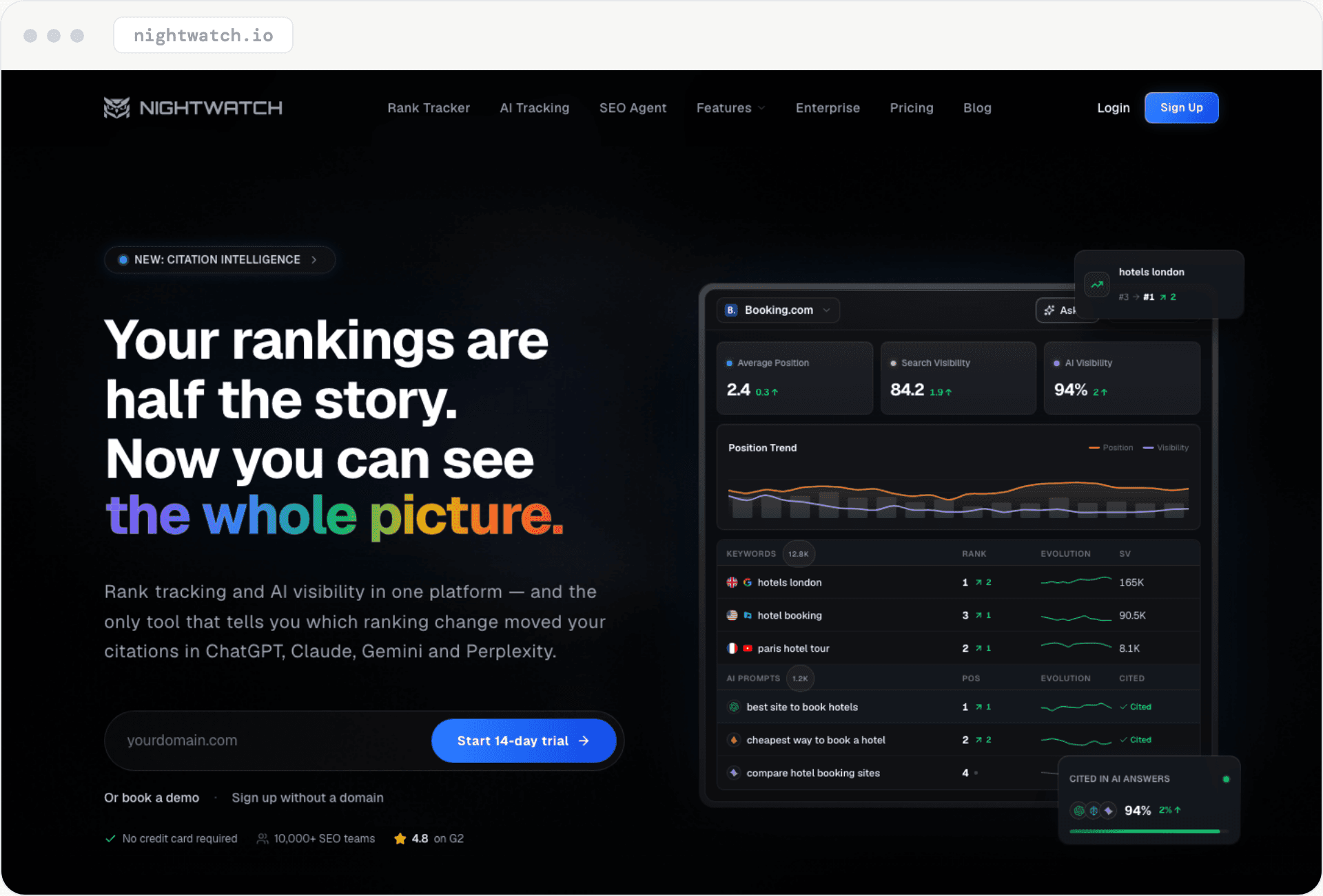 Nightwatch homepage: 'Your rankings are half the story. Now you can see the whole picture,' with a rank and AI visibility dashboard.