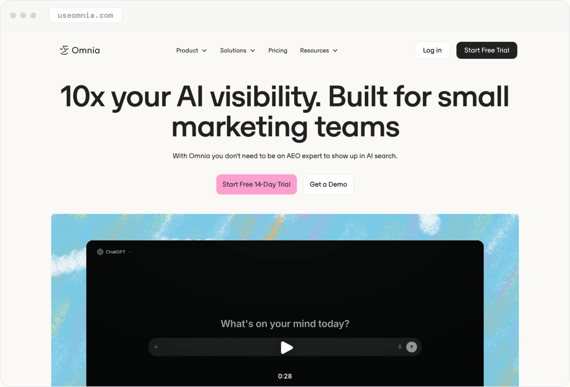 Omnia's homepage: '10x your AI visibility. Built for small marketing teams.' with a free-trial button.