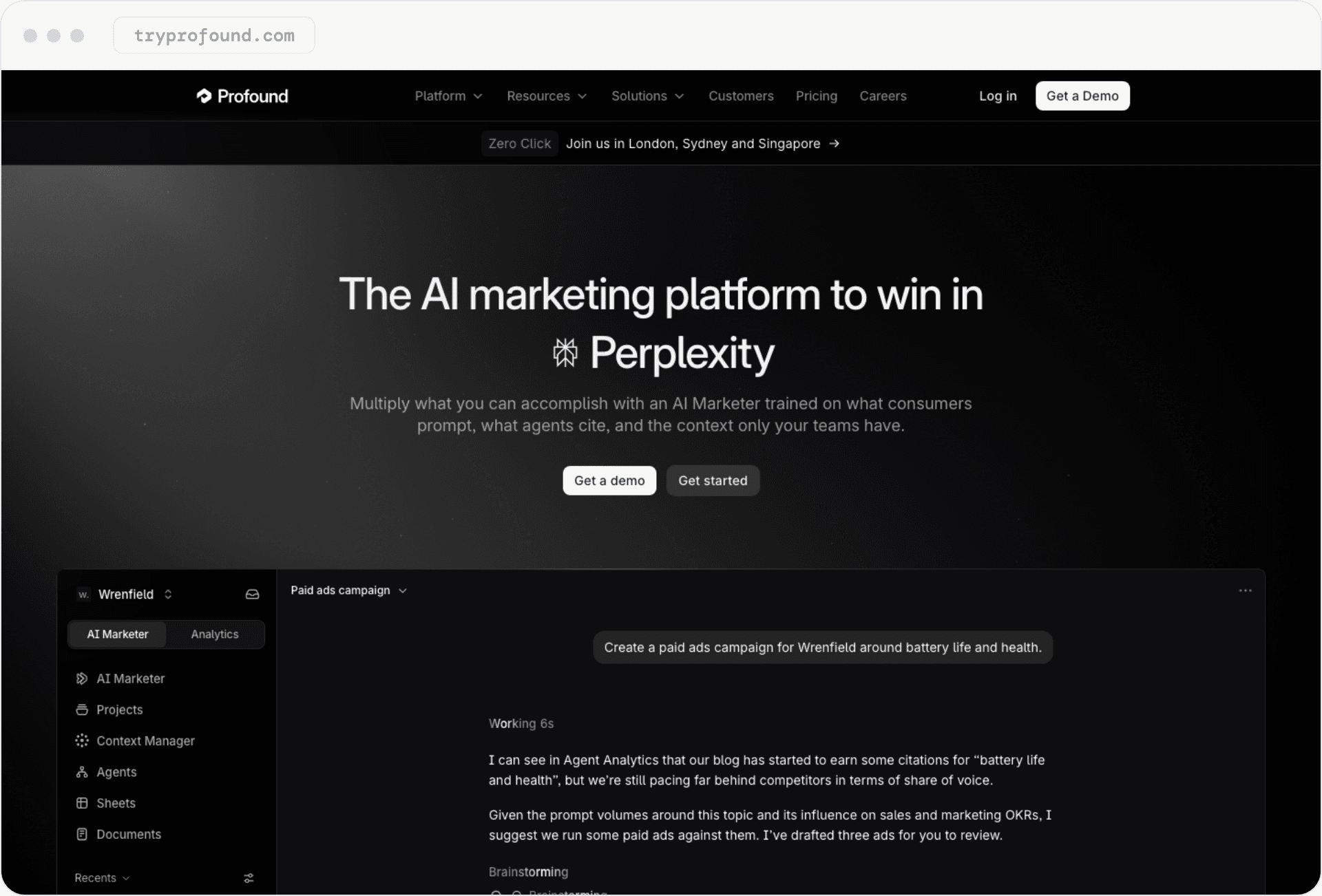 Page d'accueil de Profound : « The AI marketing platform to win in » suivi d'un nom de moteur qui défile, au-dessus de son espace AI Marketer.