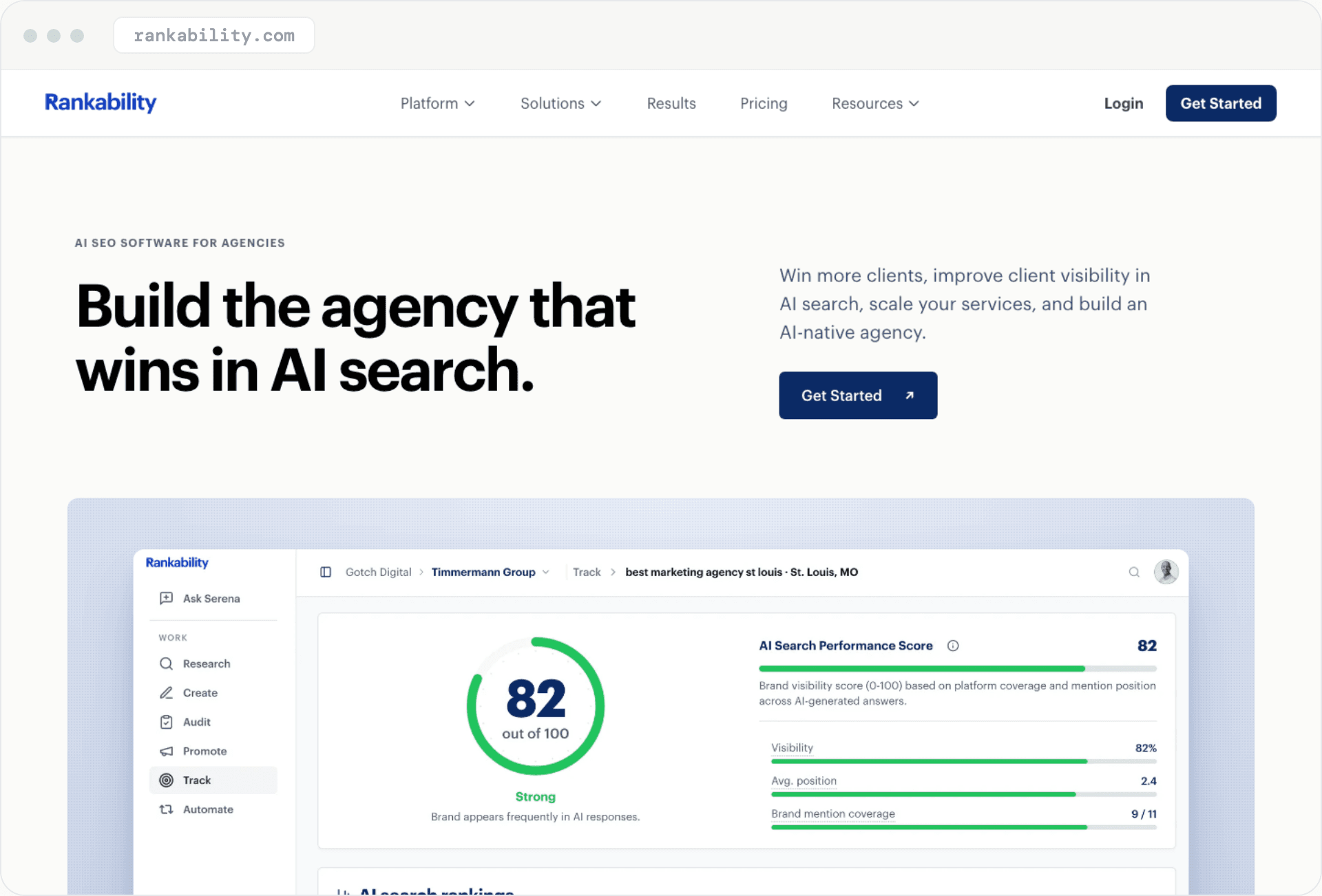 Rankability's homepage: 'Build the agency that wins in AI search,' above an AI Search Performance Score dashboard.
