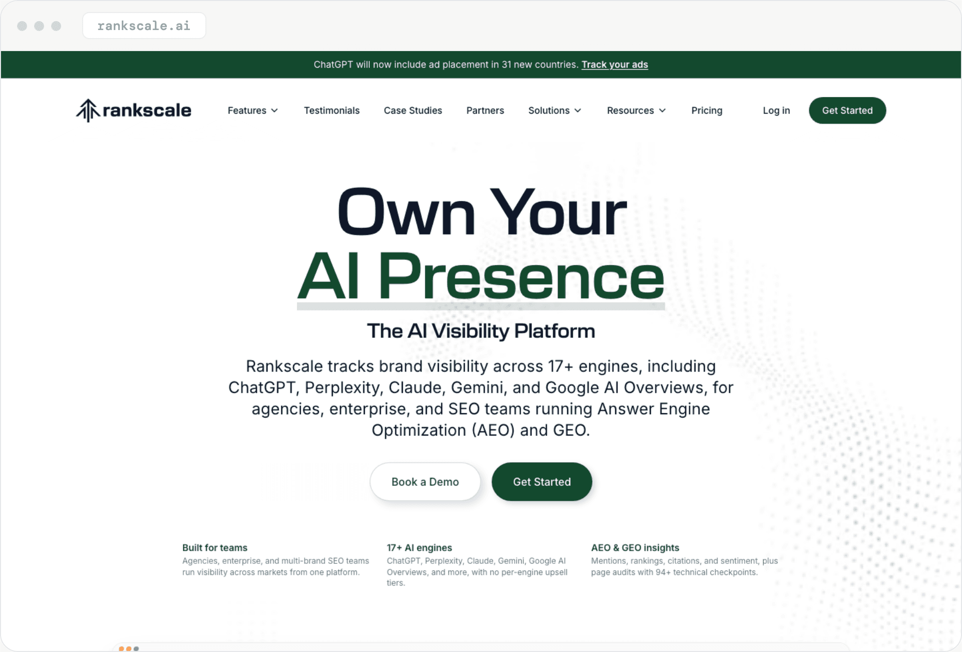 Page d'accueil de Rankscale : « Own Your AI Presence », présentée comme une plateforme de visibilité IA pour agences, entreprises et équipes SEO.