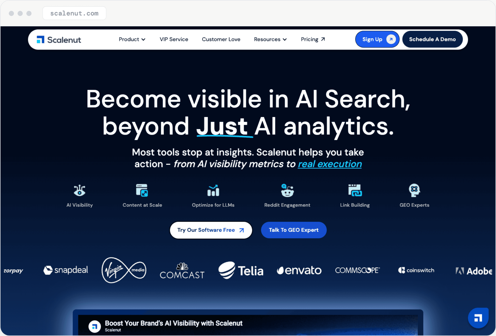 Scalenut's homepage: 'Become visible in AI Search, beyond just AI analytics.'