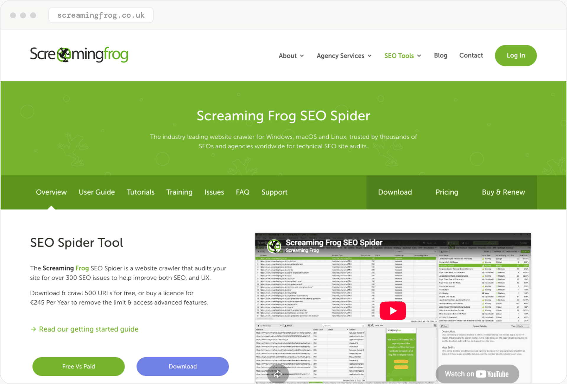 Screaming Frog's SEO Spider page: 'The industry leading website crawler,' with Download and Pricing buttons and a software screenshot.
