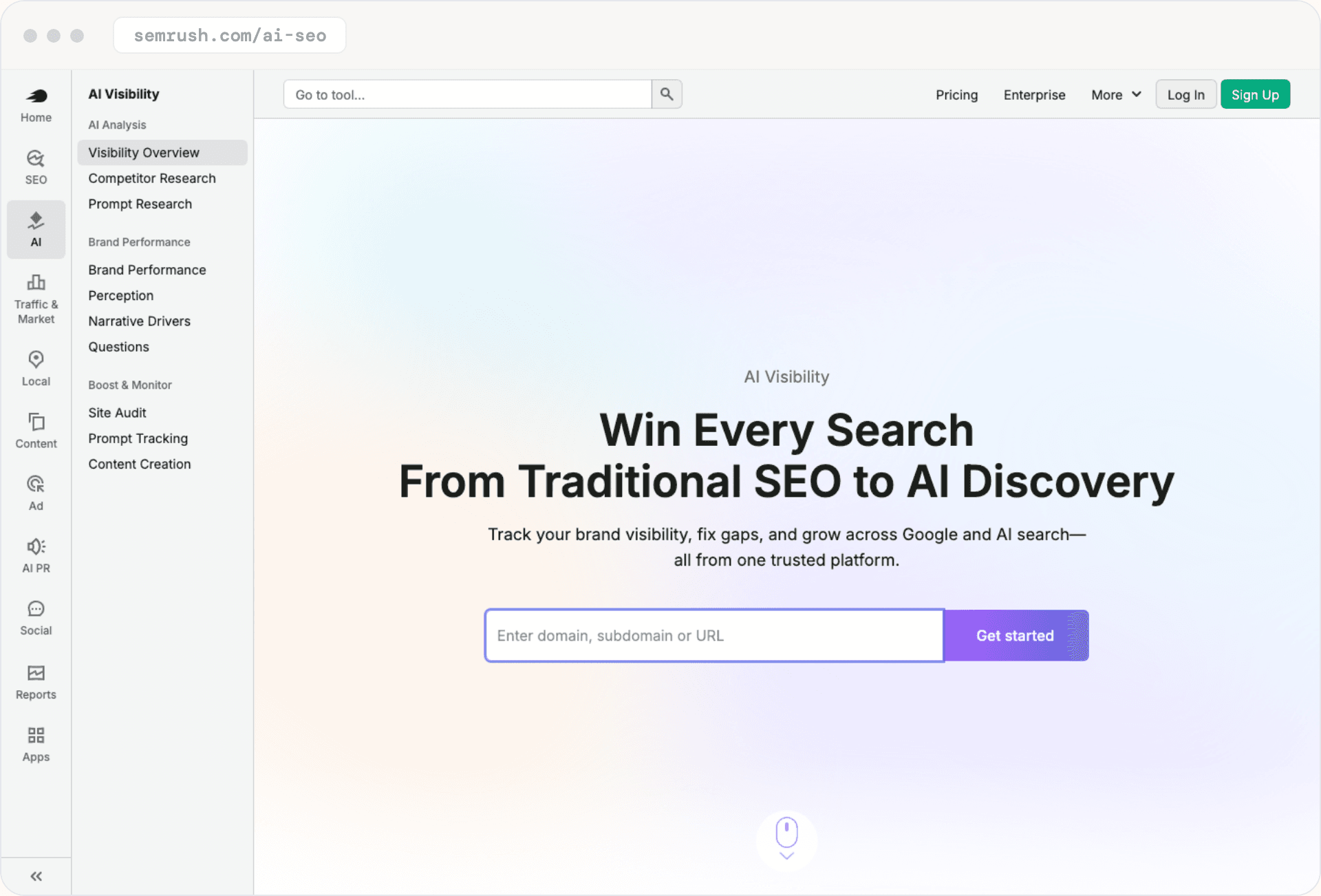 Page AI Visibility de Semrush : « Win Every Search. From Traditional SEO to AI Discovery. ».