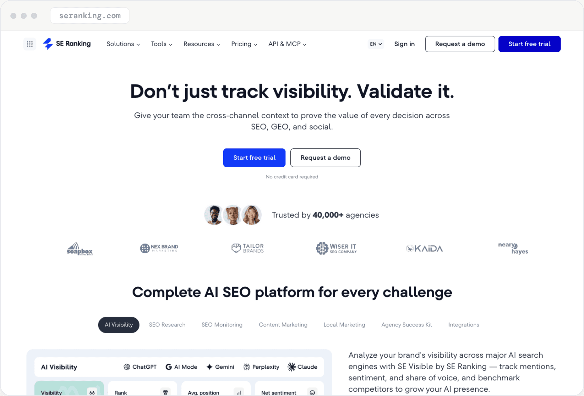 SE Ranking's homepage: 'Don't just track visibility. Validate it.'