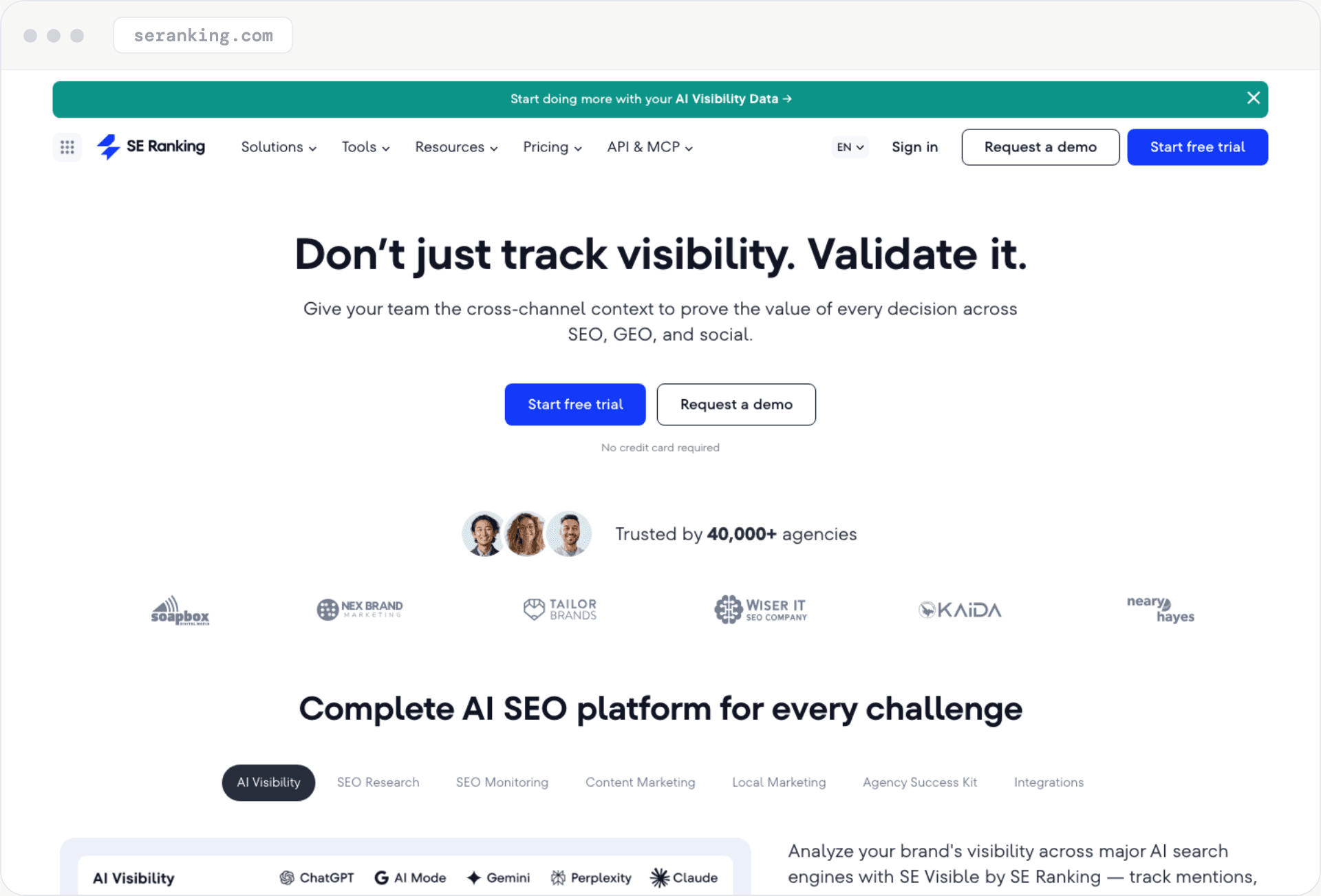 SE Ranking homepage, which calls itself a complete AI SEO platform.