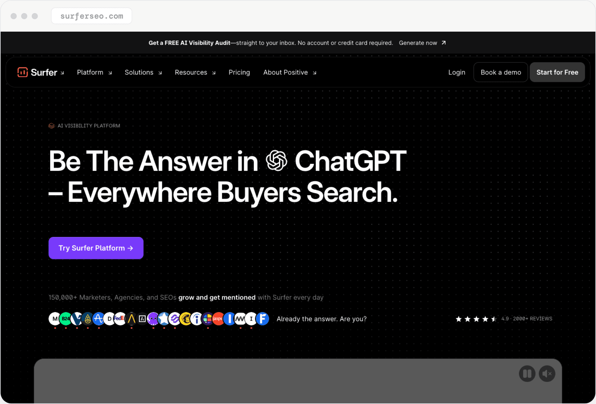 Surfer SEO's homepage, rebranded around 'AI Visibility Platform' positioning under its Positive parent brand.