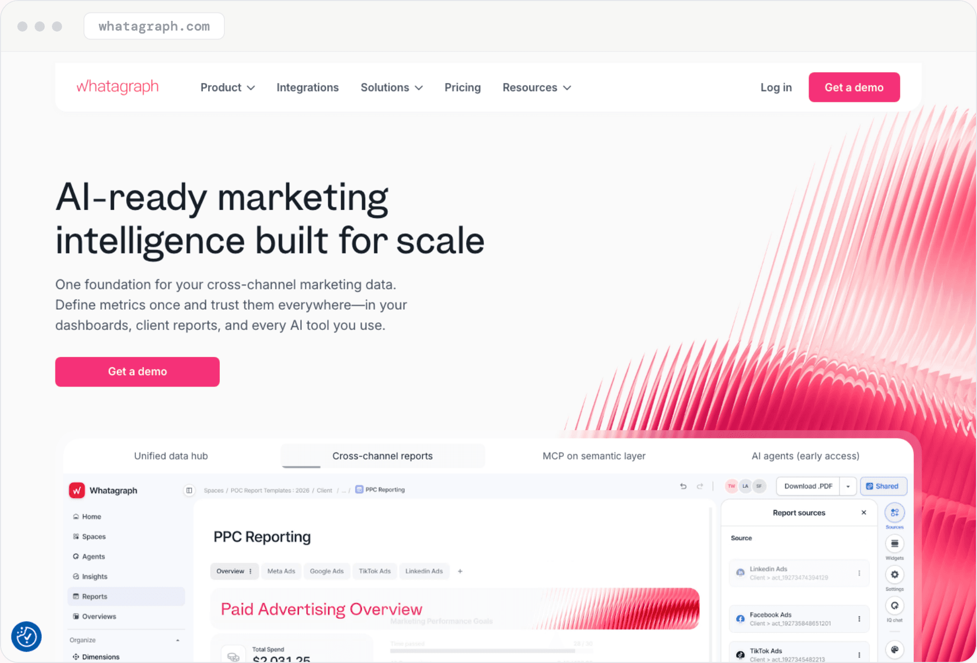 Whatagraph homepage: 'AI-ready marketing intelligence built for scale,' with a cross-channel PPC report preview.